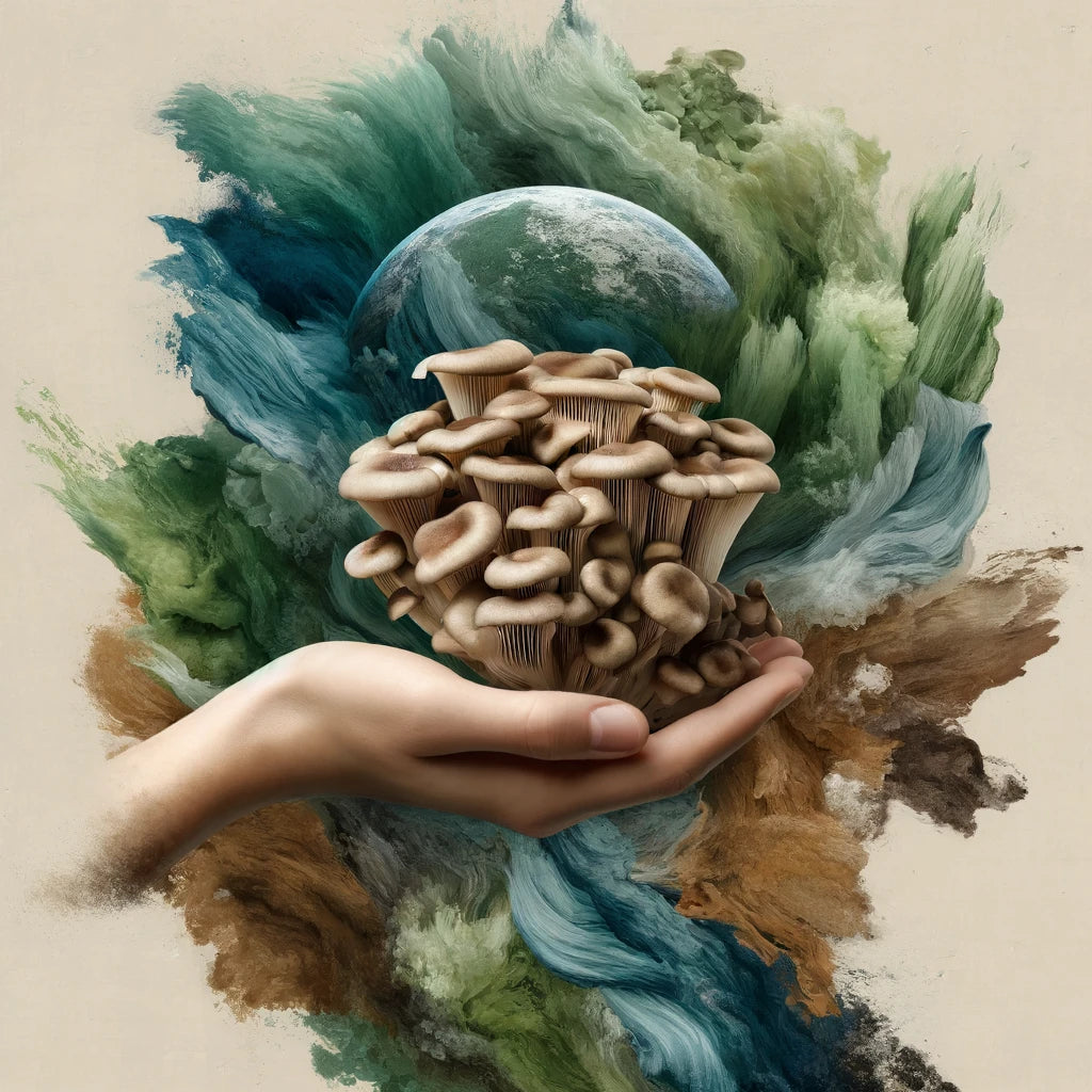 Cluster of oyster mushrooms held in hand against abstract earthy background with greens, browns, and blues.