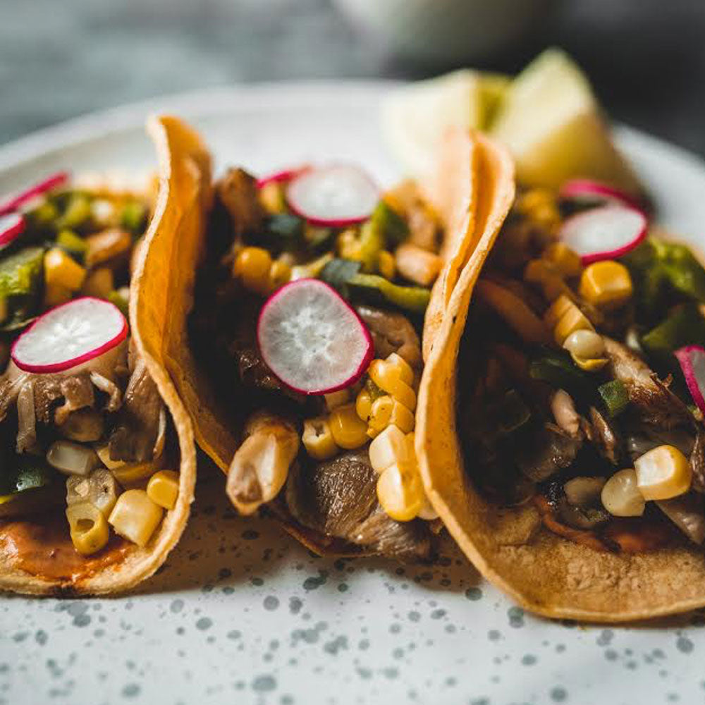 Oyster Mushroom Tacos w. Grilled Pepper + Corn Salsa | R&R Cultivation