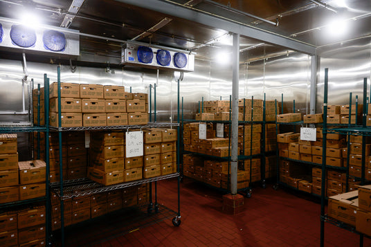 Boxes on shelves in a room - mushroom wholesale in Minnesota