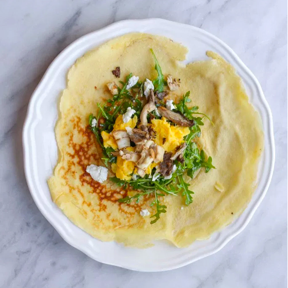Savory Crepes with Oyster Mushrooms, Arugula, and Goat Cheese